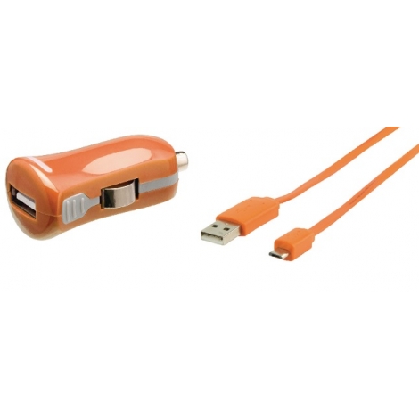 Cargador USB HT 5V 2.1A Orange para Coche + Cable Micro USB