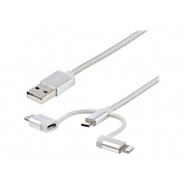 Cable Startech USB 2.0 a Macho / Micro USB B Macho + Adap Lightning + Adap USB-C Macho 1M Silver