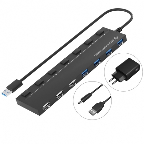 HUB Conceptronic USB 7 Puertos 3X USB + 4X USB 3.0 con Interruptores Black + Alimentador