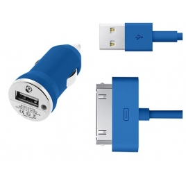 Cargador USB HT 5V 1A Blue para Coche + Cable Apple 30 PIN