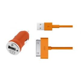 Cargador USB HT 5V 1A Orange para Coche + Cable Apple 30 PIN
