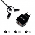 Cargador USB Subblim 2.4A 2Xusb Black para Casa + Cable 3 EN 1 Micro USB / USB-C / Lightning