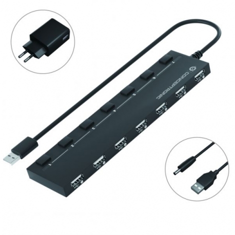 HUB Conceptronic USB 7 Puertos USB con Interruptores Black + Alimentador