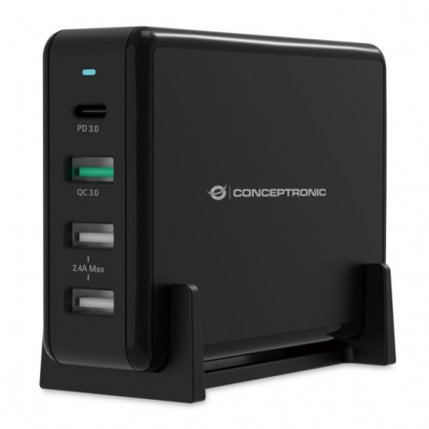 Cargador USB Conceptronic Ozul 65W 2Xusb 2.0 + USB 3.0 + USB-C Black