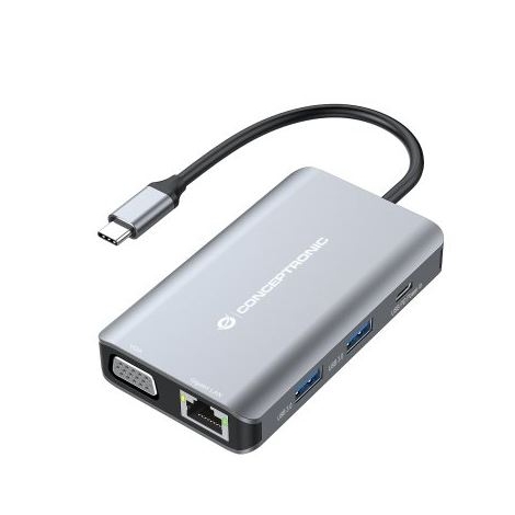 Puerto Replicador USB-C Conceptronic VGA + HDMI + RJ45 + 2Xusb 3.0 + USB-C PD 100W