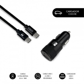 Cargador USB Subblim 18W 2.4A USB + USB-C Black para Coche + Cable USB-C