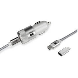 Cargador USB Subblim 20W 3A USB + USB-C Silver para Coche + Cable USB-C / Lightning