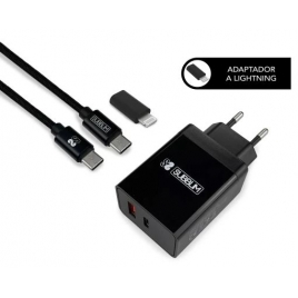 Cargador USB Subblim 25W 3.1 a USB + USB-C Black para Casa + Cable USB-C +Adaptador USB-C a Lightning