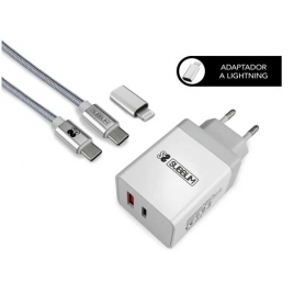 Cargador USB Subblim 25W 3.1 a USB + USB-C White para Casa + Cable USB-C +Adaptador USB-C a Lightning