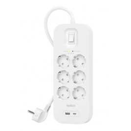 Regleta Protectora Belkin 6 Tomas + USB + USB-C White 2M Interruptor
